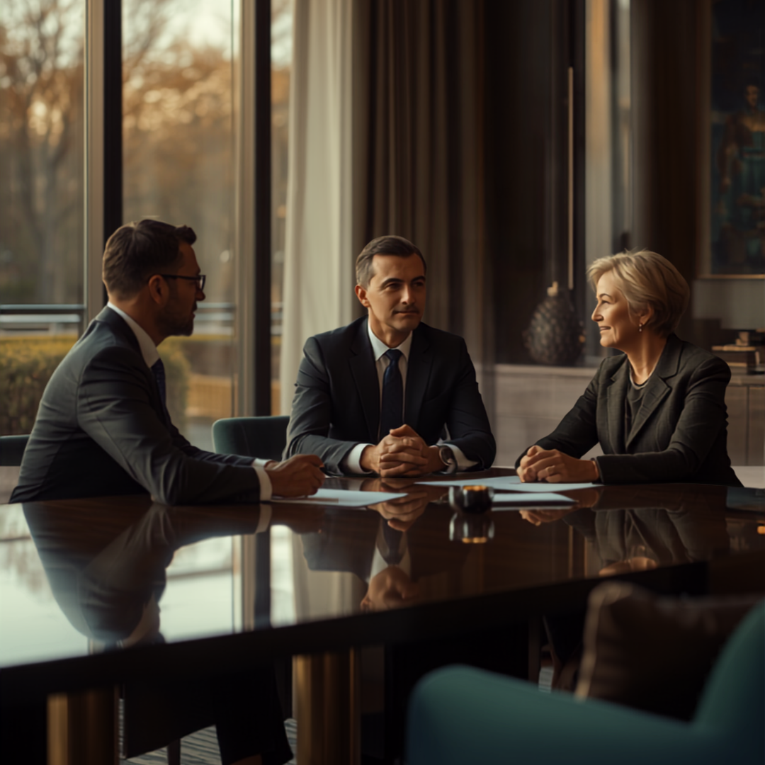 Financial advisor in conversation with two clients across a table.
